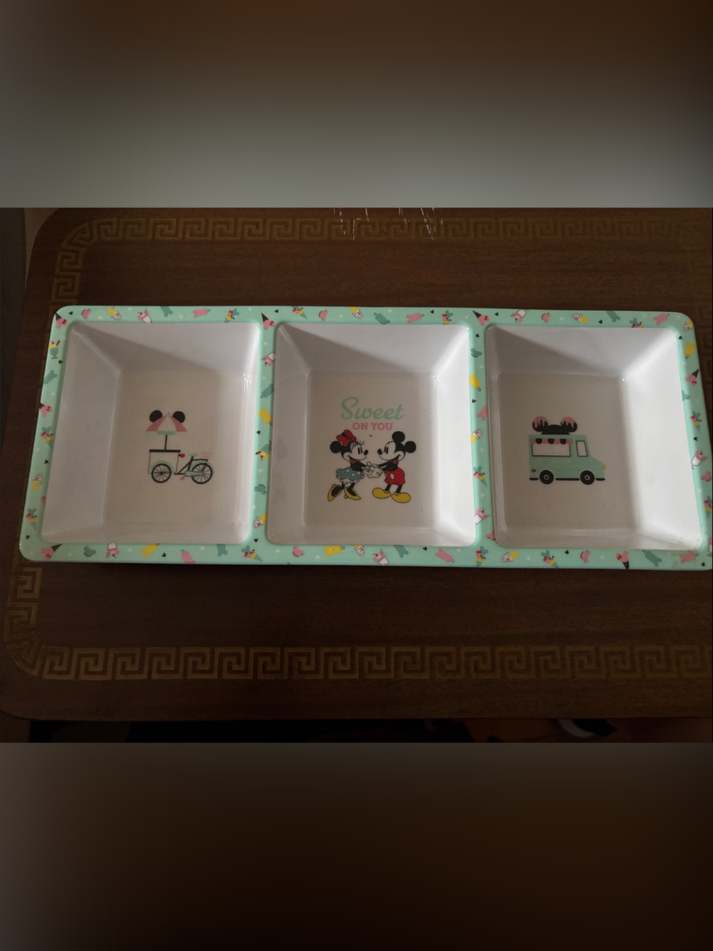 Disney Mint Green and White Mickey & Minnie Triple Snack Tray